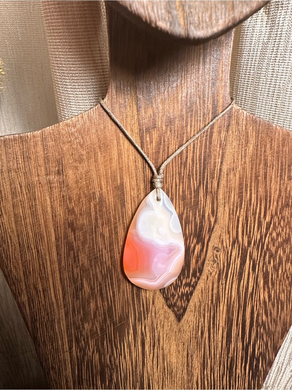 Coral Agate Teardrop Pendant Necklace on Thin Simple Tan Rope - Picture 2 of 14